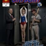 Comic cover: UltraGirl in glasses, shirt open over her costume, tied and gagged in a locker between a man in a suit and a baseball player with a bat.