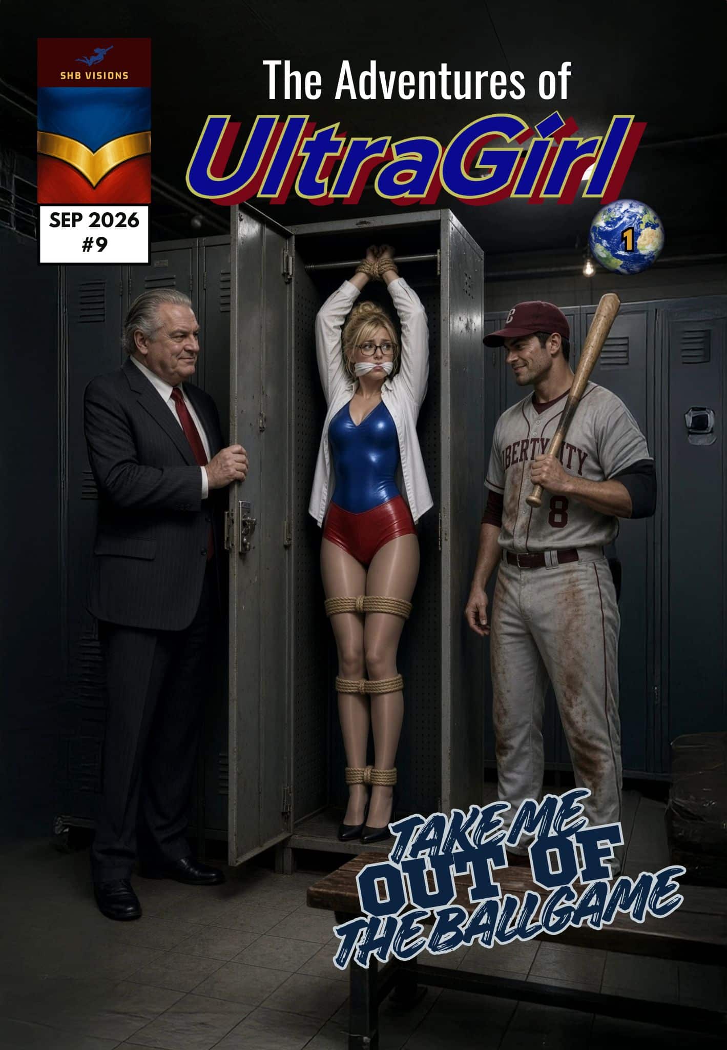 Comic cover: UltraGirl in glasses, shirt open over her costume, tied and gagged in a locker between a man in a suit and a baseball player with a bat.