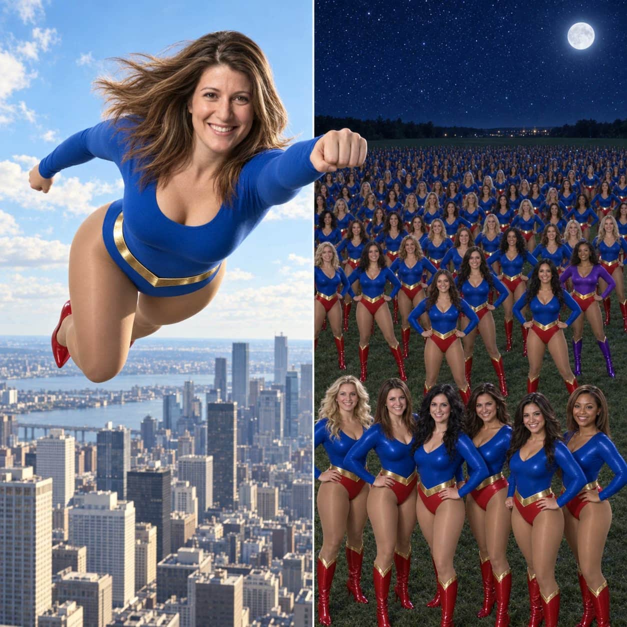 UltraGirl Prime in the original blue leotard, gold belt and red heels flies over a daylight city, her raised fist crossing into a moonlit field where hundreds of UltraGirls in blue and red stand together.