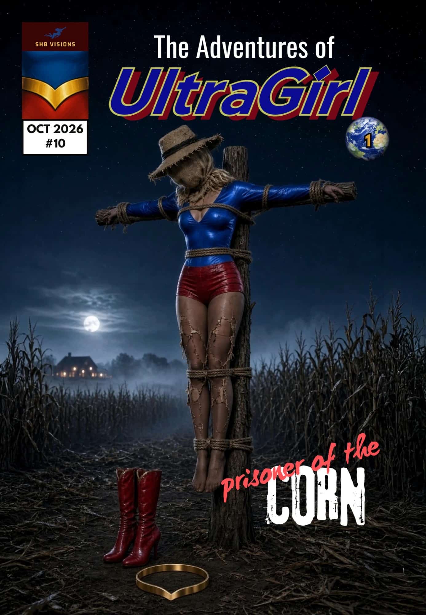 Comic cover: UltraGirl in her blue top and red shorts, a burlap sack and straw hat over her head, tied to a scarecrow post in a moonlit cornfield, her red boots and gold belt on the ground.