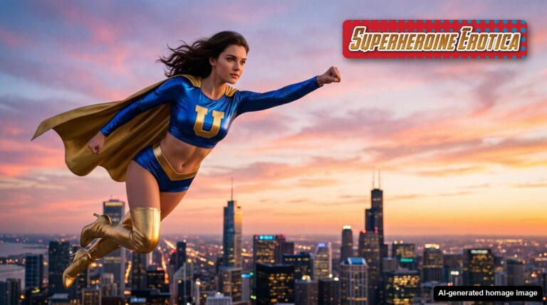 AI-generated homage image of Superheroine Erotica's Ultra Girl in her blue and gold costume, flying over a city at sunset, with the Superheroine Erotica logo