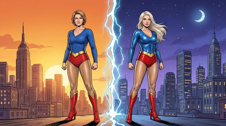 AI-generated comic-style homage image of two UltraGirls from two Earths, one with a short light-brown bob and one with long platinum-blonde hair, in blue and red costumes with gold belts and red boots, standing on either side of a crackling rift between a sunset city and a night city