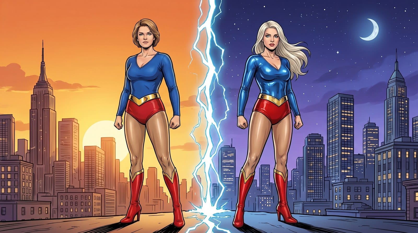 AI-generated comic-style homage image of two UltraGirls from two Earths, one with a short light-brown bob and one with long platinum-blonde hair, in blue and red costumes with gold belts and red boots, standing on either side of a crackling rift between a sunset city and a night city